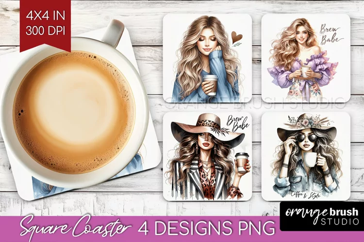 Coffee Girl Square Coaster - Coffee Lover Coaster PNG