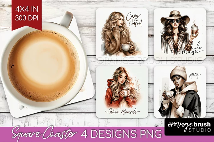 Coffee Girl Square Coaster - Coffee Lover Coaster PNG