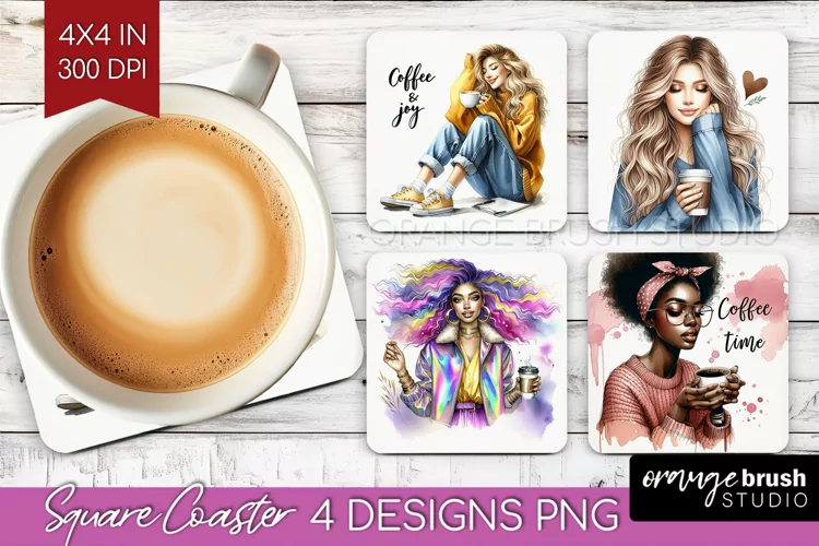 Coffee Girl Square Coaster - Coffee Lover Coaster PNG