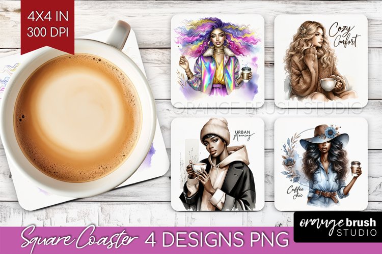 Coffee Girl Square Coaster - Coffee Lover Coaster PNG example image 1