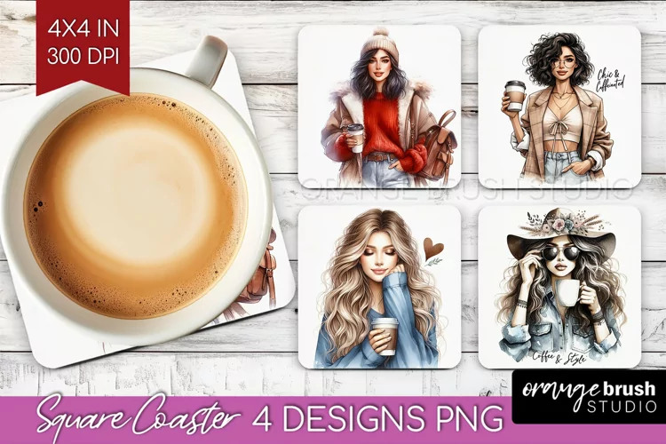 Coffee Girl Square Coaster - Coffee Lover Coaster PNG