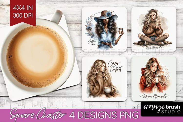Coffee Girl Square Coaster - Coffee Lover Coaster PNG