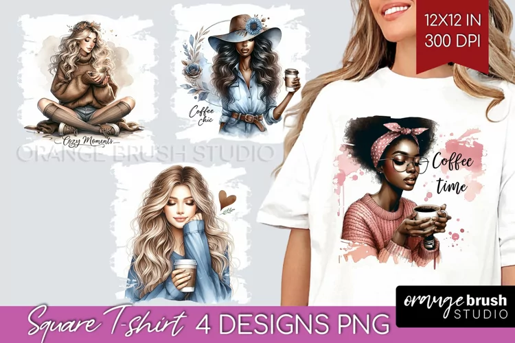 Coffee Girl Square Tshirt Background - Coffee Lover PNG