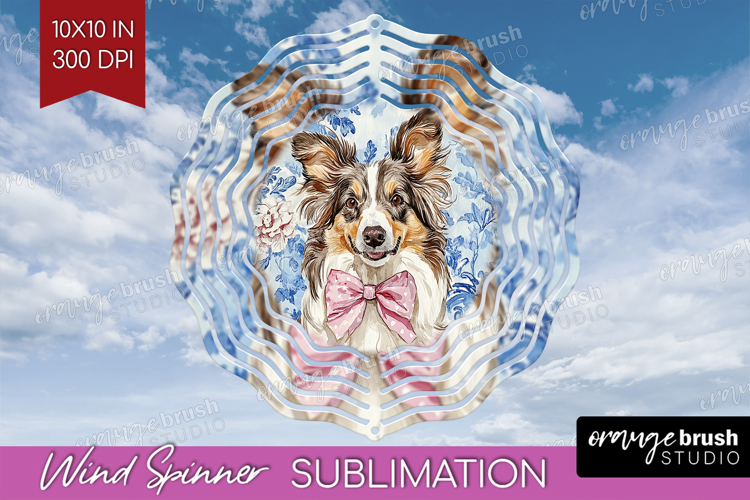 Collie Dog Wind Spinner Sublimation PNG Blue Toile Round