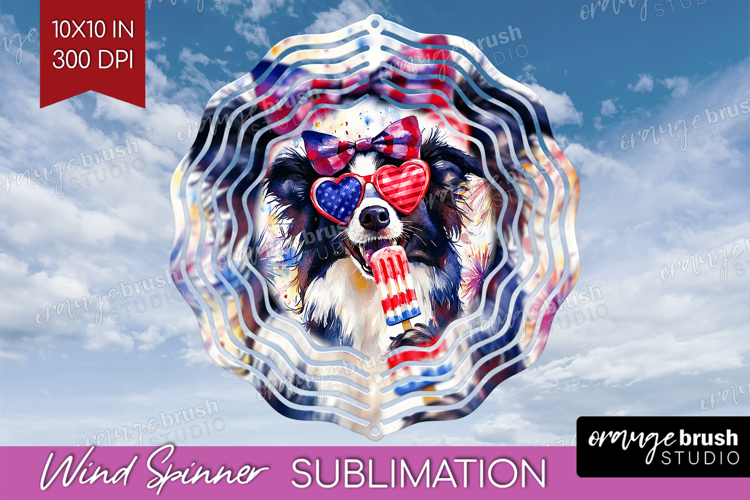Collie Dog Wind Spinner Sublimation PNG 4th Of July Round