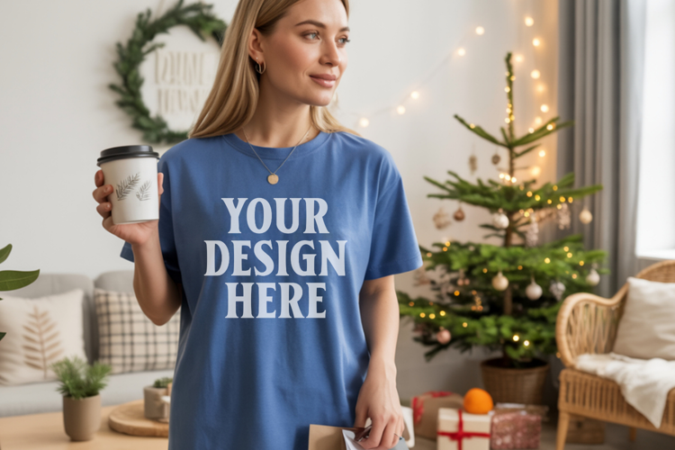 Comfort Colors 1717 Blue Jean Christmas T-Shirt Mockup, Boho