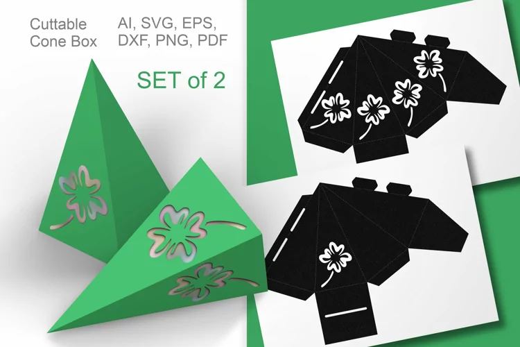 Cuttable Cone Treat Boxes with Shamrocks Small Packaging SVG