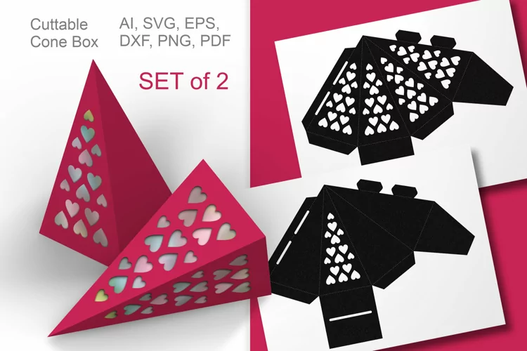 Set of 2 Valentine Hearts Cuttable Cone Gift Boxes SVG