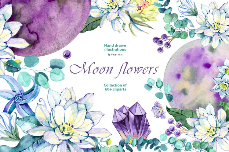 Moon Flowers. Watercolor Clipart Collection