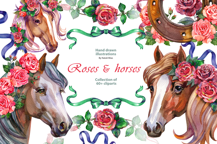 Roses and Horses. Watercolor Clipart Set