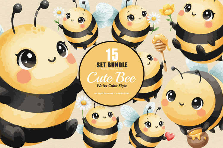 15 Bundle Watercolor Cute Bee Baby Honey Hive Sting Buzz