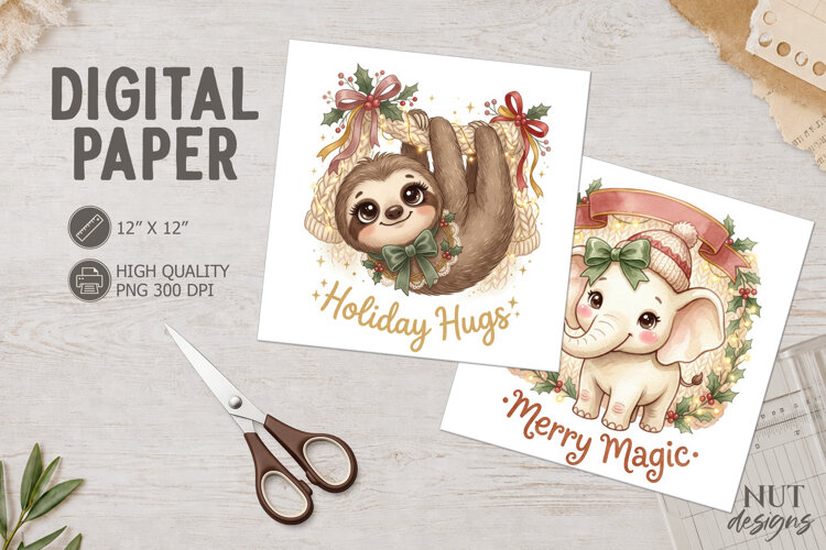 Cute Christmas Animal Digital Paper Elephant Sloth example image 1