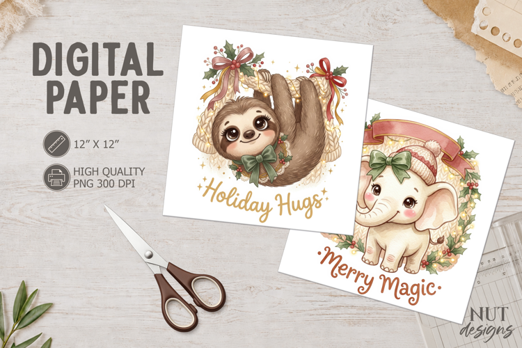 Cute Christmas Animal Digital Paper Elephant Sloth