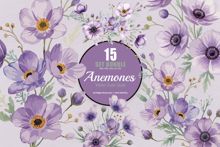 15 Bundle Watercolor Anemones Flower Wall Art Botanical