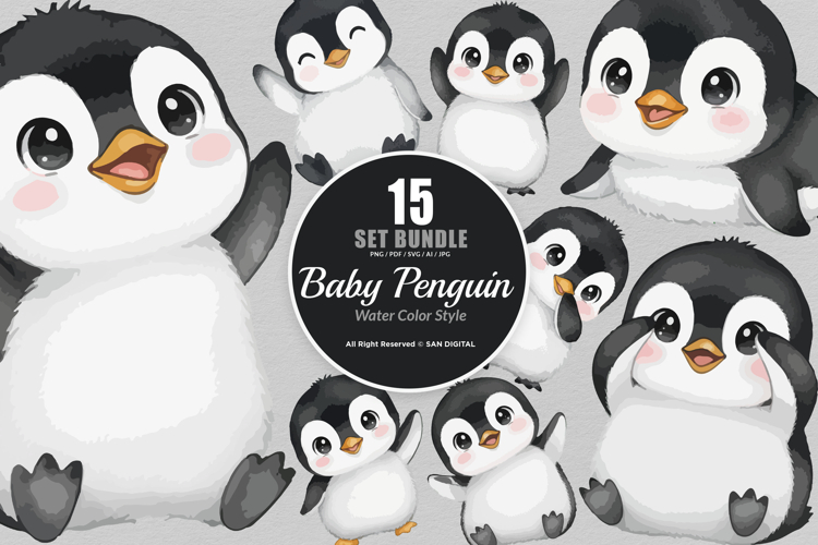 15 Bundle Watercolor Baby Penguin Cute Kids Pose Ice White