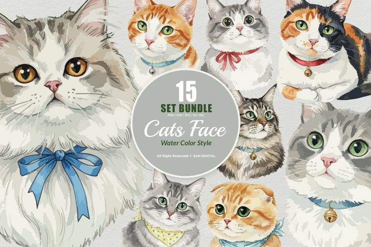 15 Bundle Watercolor Cats Face Kitten Fluffy Pet Funny Stick