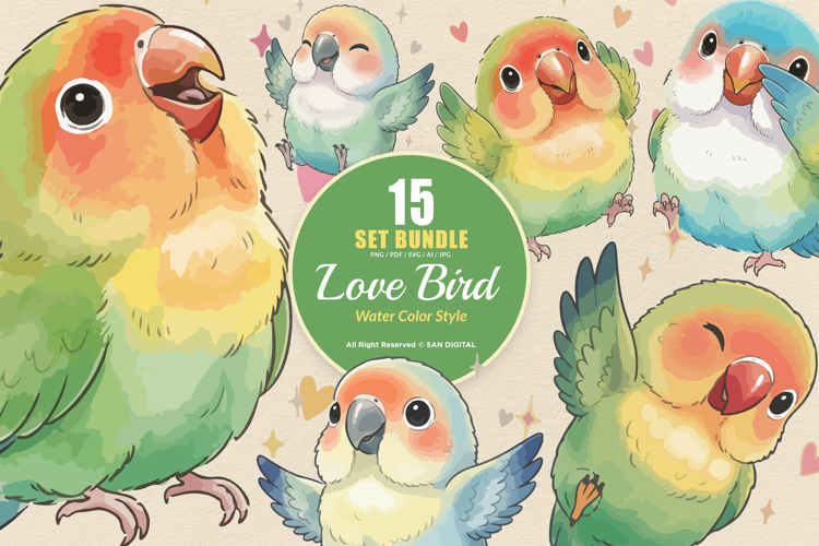 15 Bundle Watercolor Love Bird Cute Kids Animal Wings