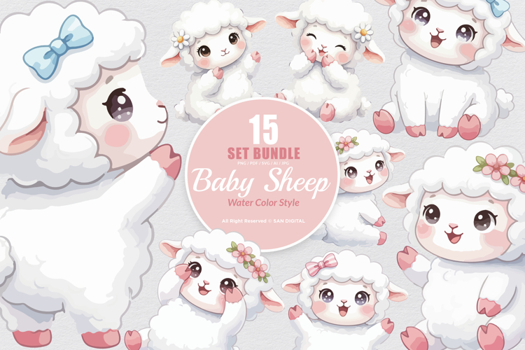 15 Bundle Watercolor Baby Sheep Farm Lamb Kids Cute White