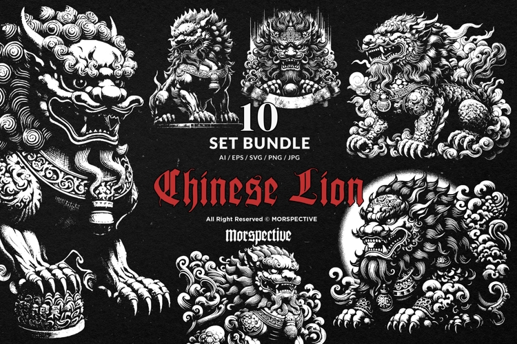 10 Bundle Dark Art Chinese Foo Dog Komainu Guardian Tattoo