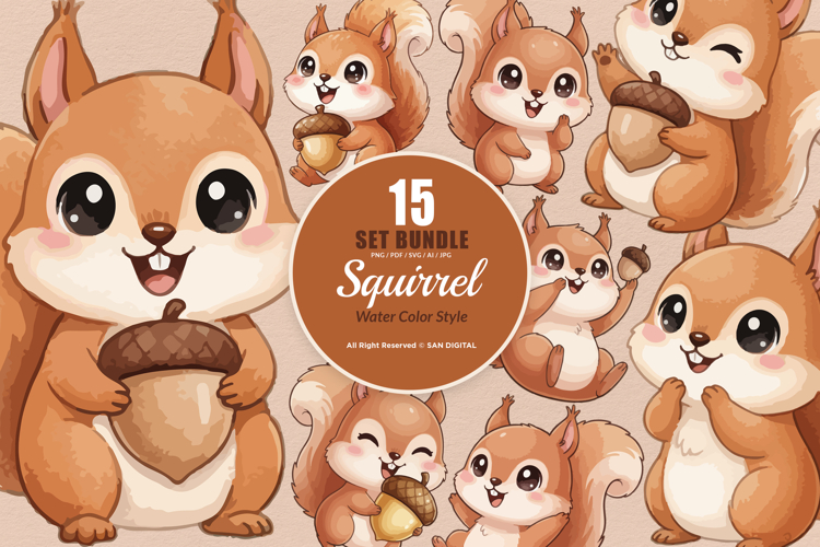 15 Bundle Watercolor Cute Squirrel Burrow Rodent Nut Small