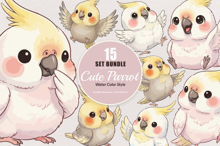 15 Bundle Watercolor Cute Baby Parrot Bird Macaw Parakeet