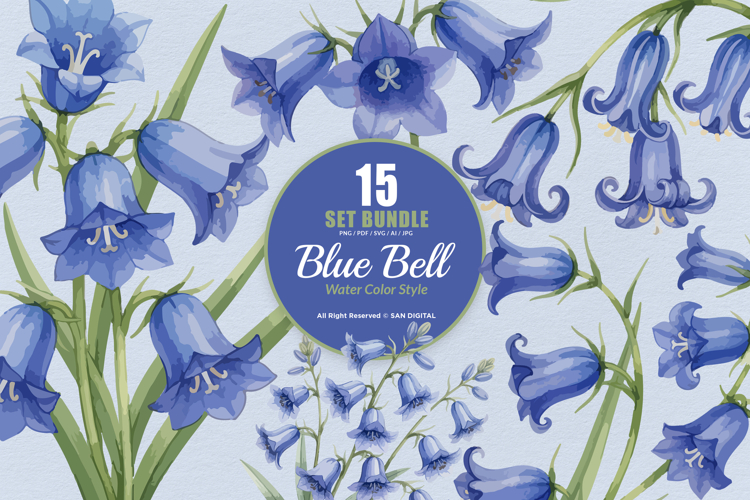 15 Bundle Watercolor Blue Bell Flower Spring Floral Garden
