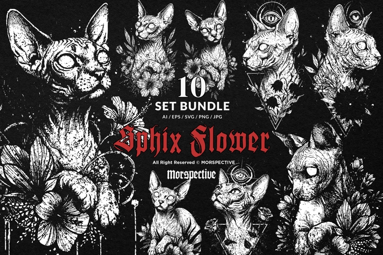 10 Bundle Dark Art Sphix Cat Flower Floral Kitten Whisker