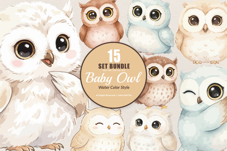 15 Bundle Watercolor Baby Owl Sweet Bird Animal Flying Smart