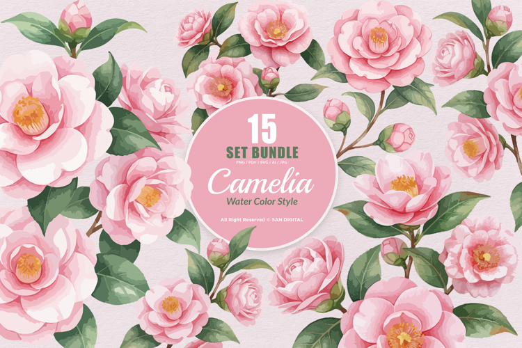 15 Bundle Watercolor Camelia Flower Pink Botanical Japanese