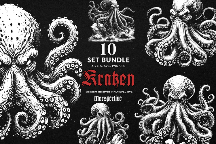 10 Bundle Dark Art Kraken Monster Octopus Gothic Horror