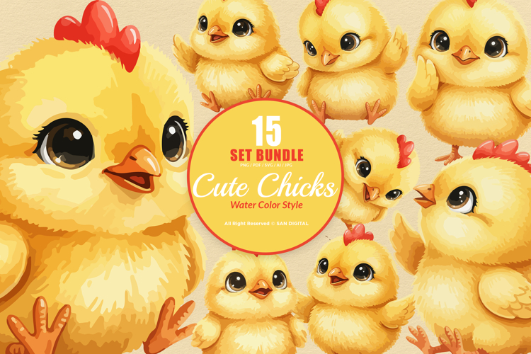 15 Bundle Watercolor Cute Chicks Yellow Chicken Easter Farm