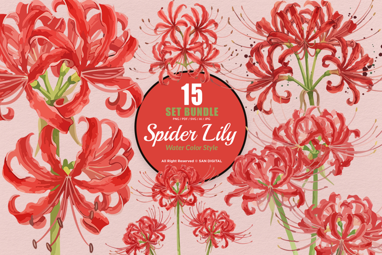 15 Bundle Watercolor Spider Lily Flower Higanbana Autumn