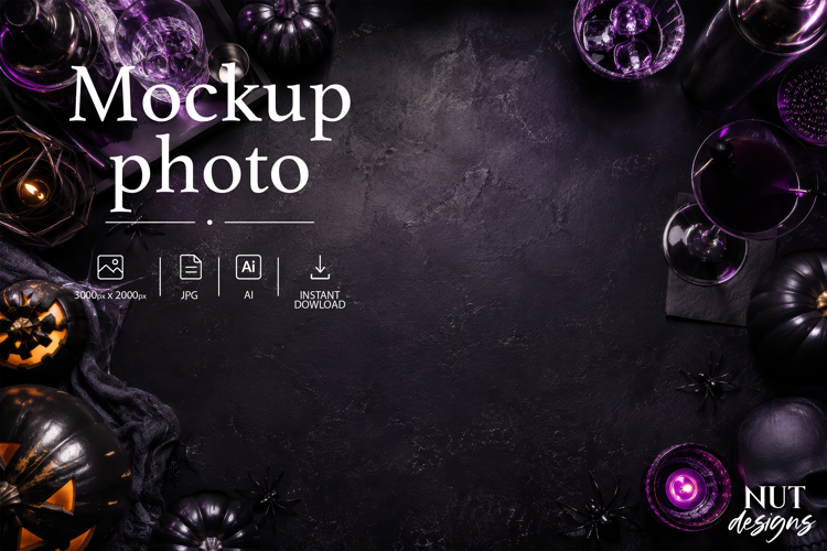 Halloween Flat Lay Mockup Top view dark violet background