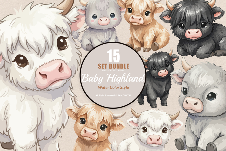 15 Bundle Watercolor Baby Highland Buffalo Cow Horn Farm