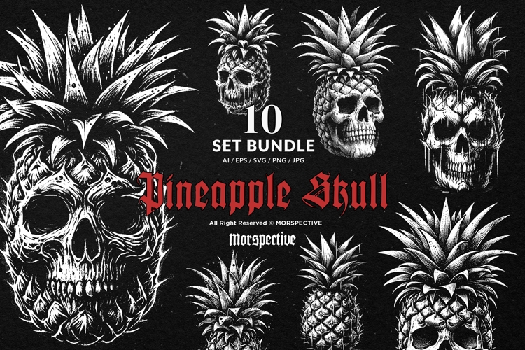 10 Bundle Dark Art Pineapple Skull Tropical Fruit Skull