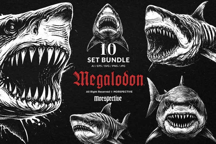 10 Bundle Dark Art Megalodon Fish Shark Ancient Animal Skull