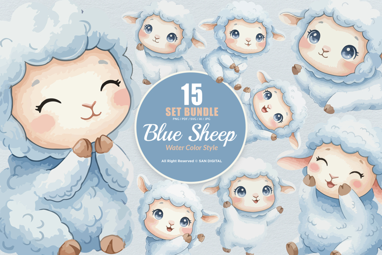 15 Bundle Watercolor Blue Cute Sheep Cute Baby Lamb Kids