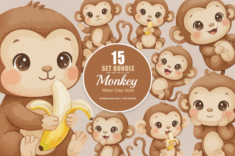 15 Bundle Watercolor Monkey Animal Primate Banana Kids