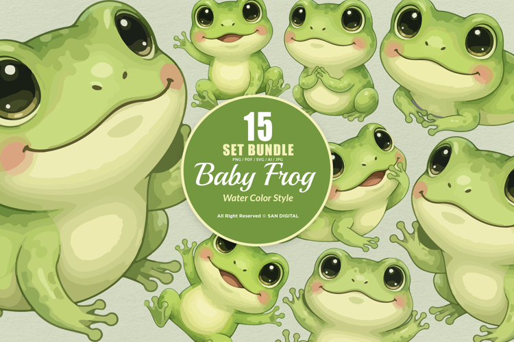 15 Bundle Watercolor Baby Frog Green Animal Pond Gama