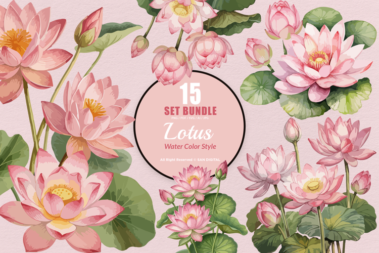 15 Bundle Watercolor Lotus Flower Meditation Elegant Floral