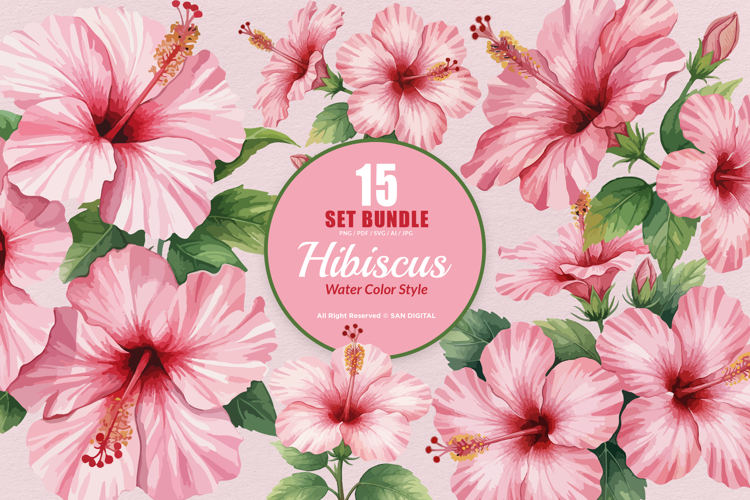 15 Bundle Watercolor Hibiscus Flower Blossom Hawaiian Floral