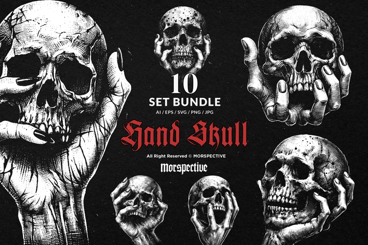 10 Bundle Dark Art Skull Head Holding with Hand Bone