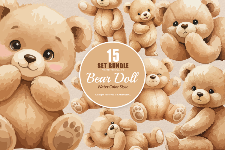 15 Bundle Watercolor Bear Doll Brown Wild Grizzly Forest