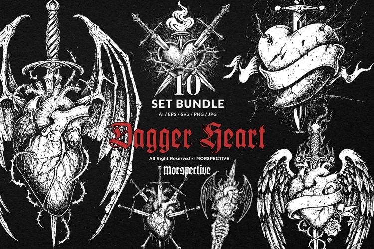 10 Bundle Dark Art Dagger Heart Stab Bleeding Wings Horror