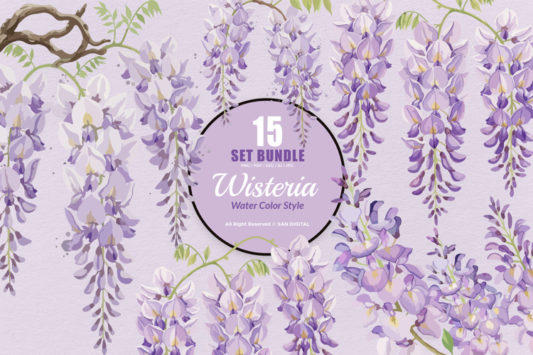 15 Bundle Watercolor Wisteria Flower Romantic Japanese
