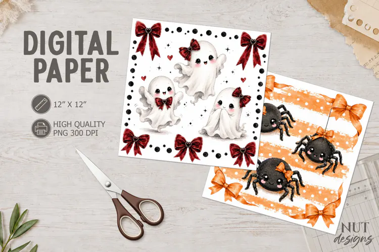 Cute Ghost and Spider Digital Paper Halloween