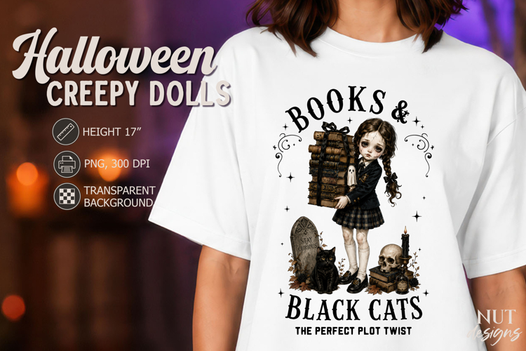 Schoolgirl Doll with books Gothic Halloween PNG Book club