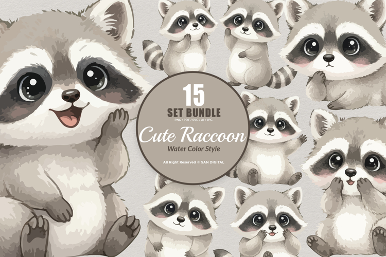 15 Bundle Watercolor Cute Raccoon Baby Animal Forest Lovely