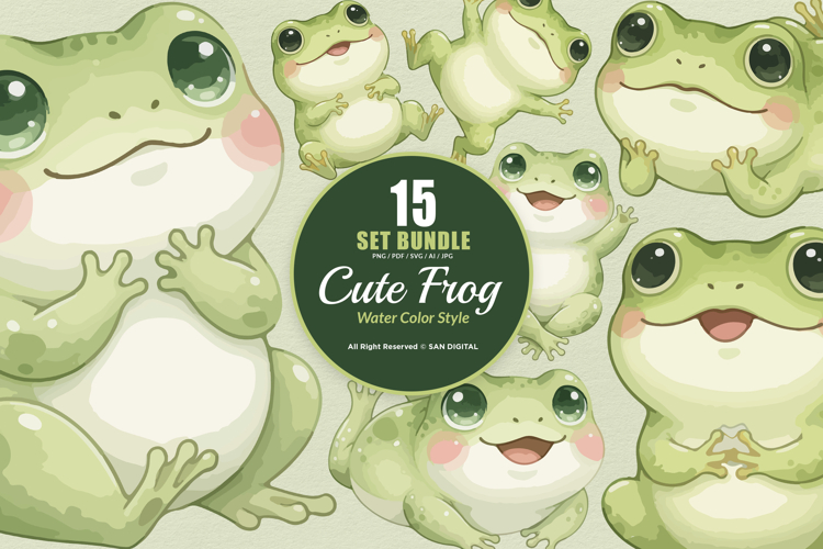 15 Bundle Watercolor Cute Frog Baby Fat Frog Green Animal