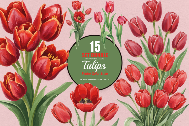 15 Bundle Watercolor Tulips Flower Botanical Painting Spring